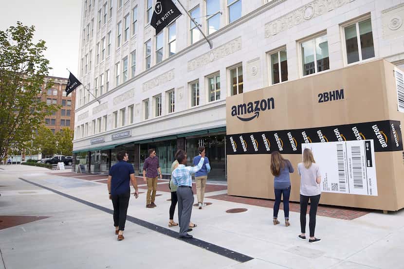 A giant Amazon shipping box replica outside an office building in Birmingham, Alabama. 