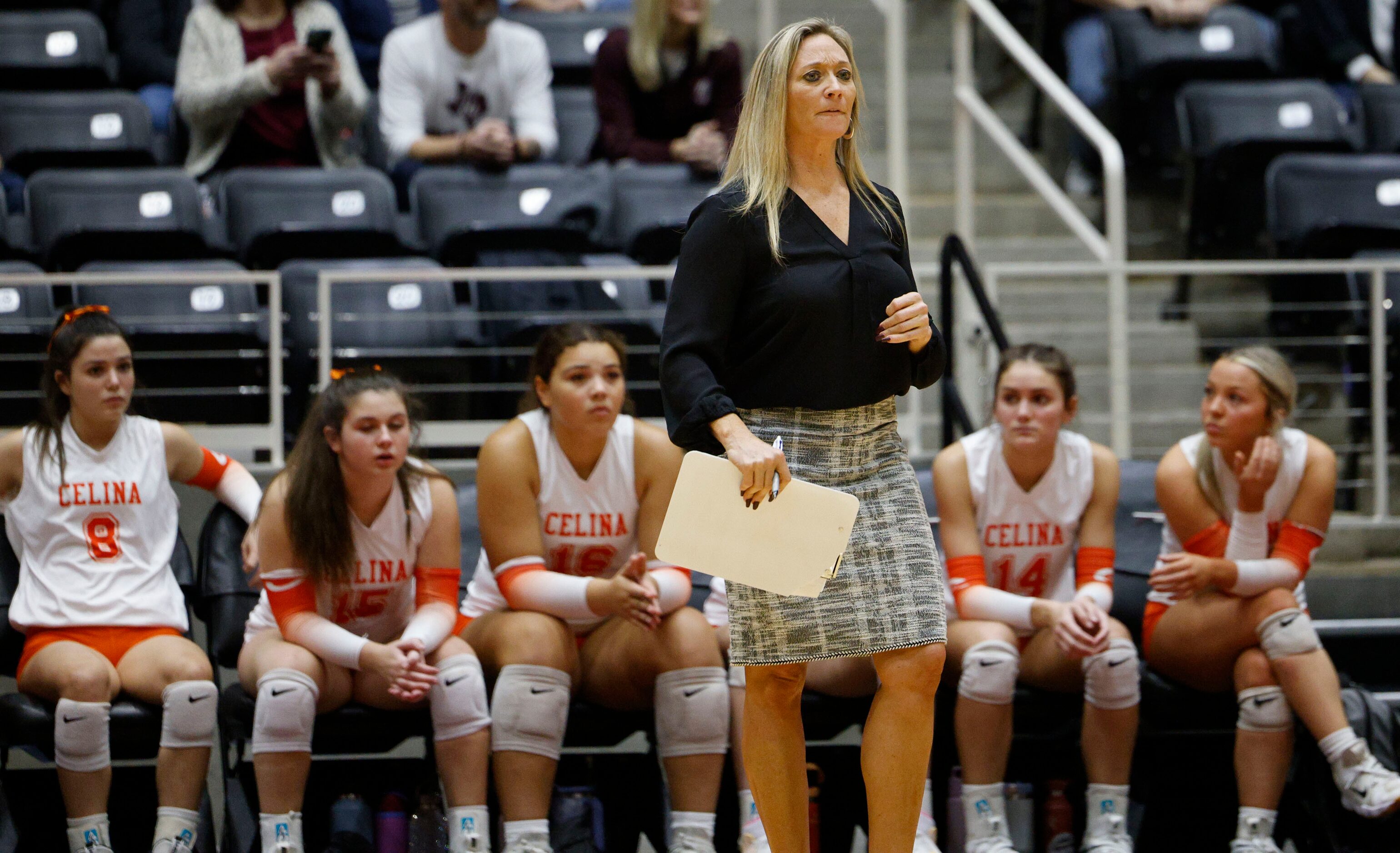  Celina head coach Ginger Murray  watches her players during a UIL class 4A volleyball state...