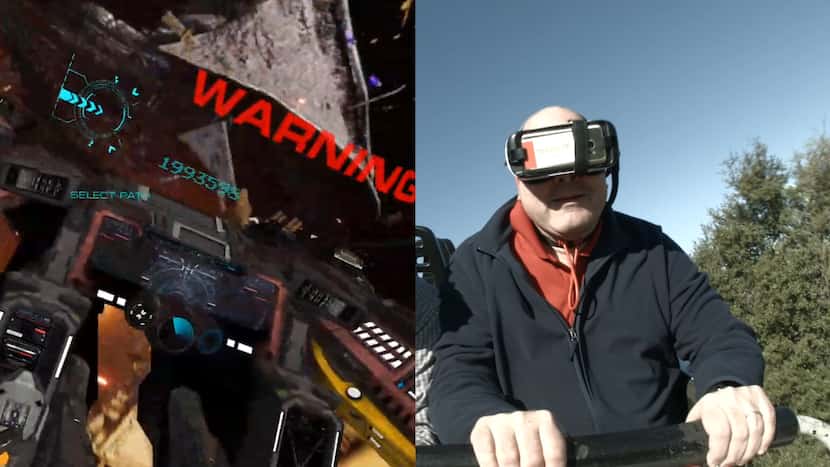 Jim Rossman rides the Galactic Attack VR coaster at Six Flags Over Texas in Arlington,...