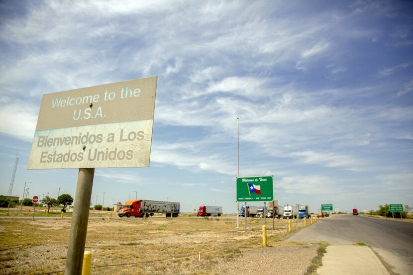 A sign welcomes drivers to the United States at the Laredo-Colombia Solidarity International...
