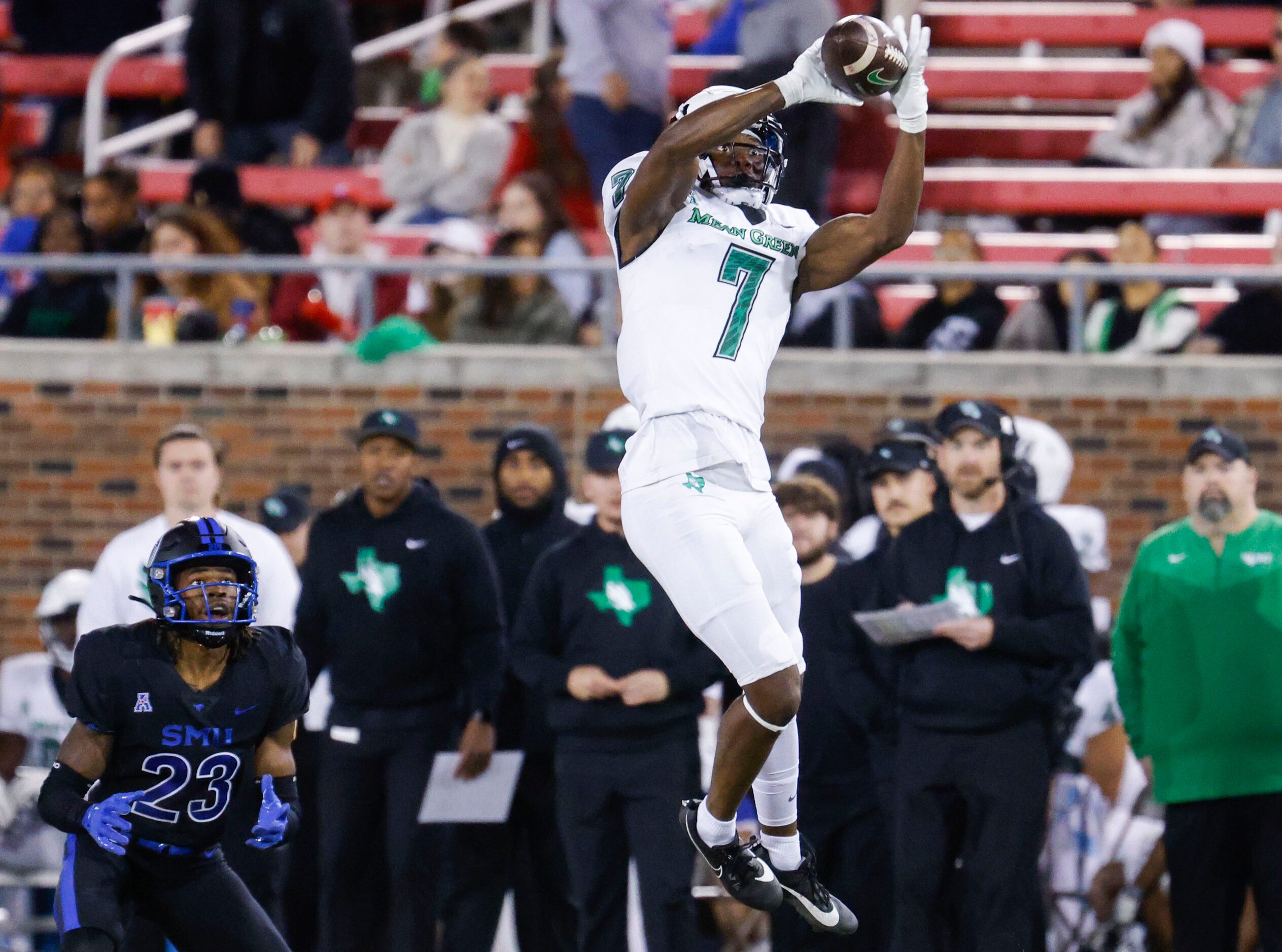 Southern Methodist Mustangs safety Isaiah Nwokobia (23) watches as North Texas Mean Green...