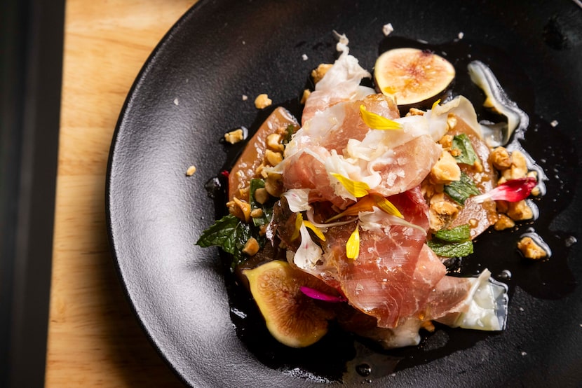 Proscuitto e Melone, which is Texas Melon, Culatello, basil, candied hazelnuts and Rose...