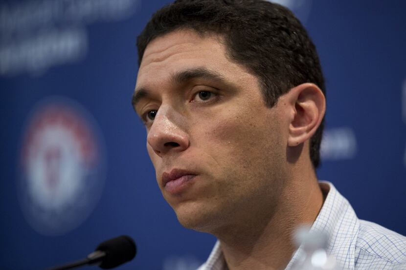 Texas Rangers general manager Jon Daniels speaks to the media about the team's season on...