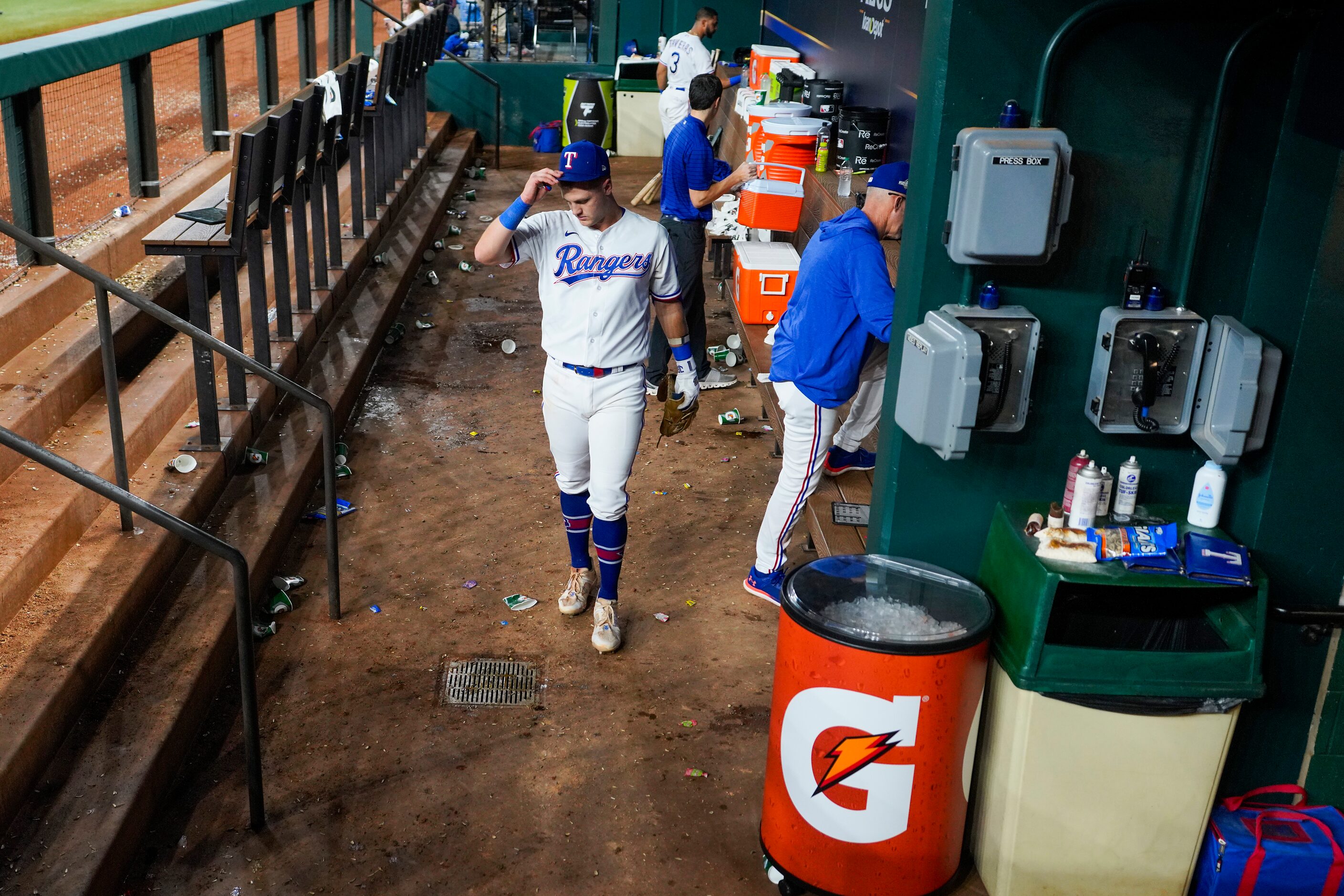 Texas Rangers third baseman Josh Jung heads for the clubhouse after grounding out to end a...