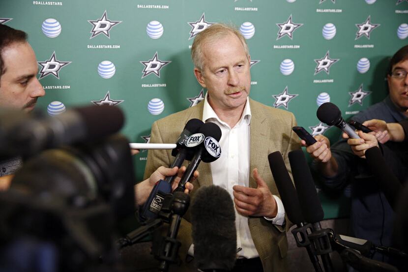 Dallas Stars general manager Jim Nill talks to media as the team cleaned out their lockers...