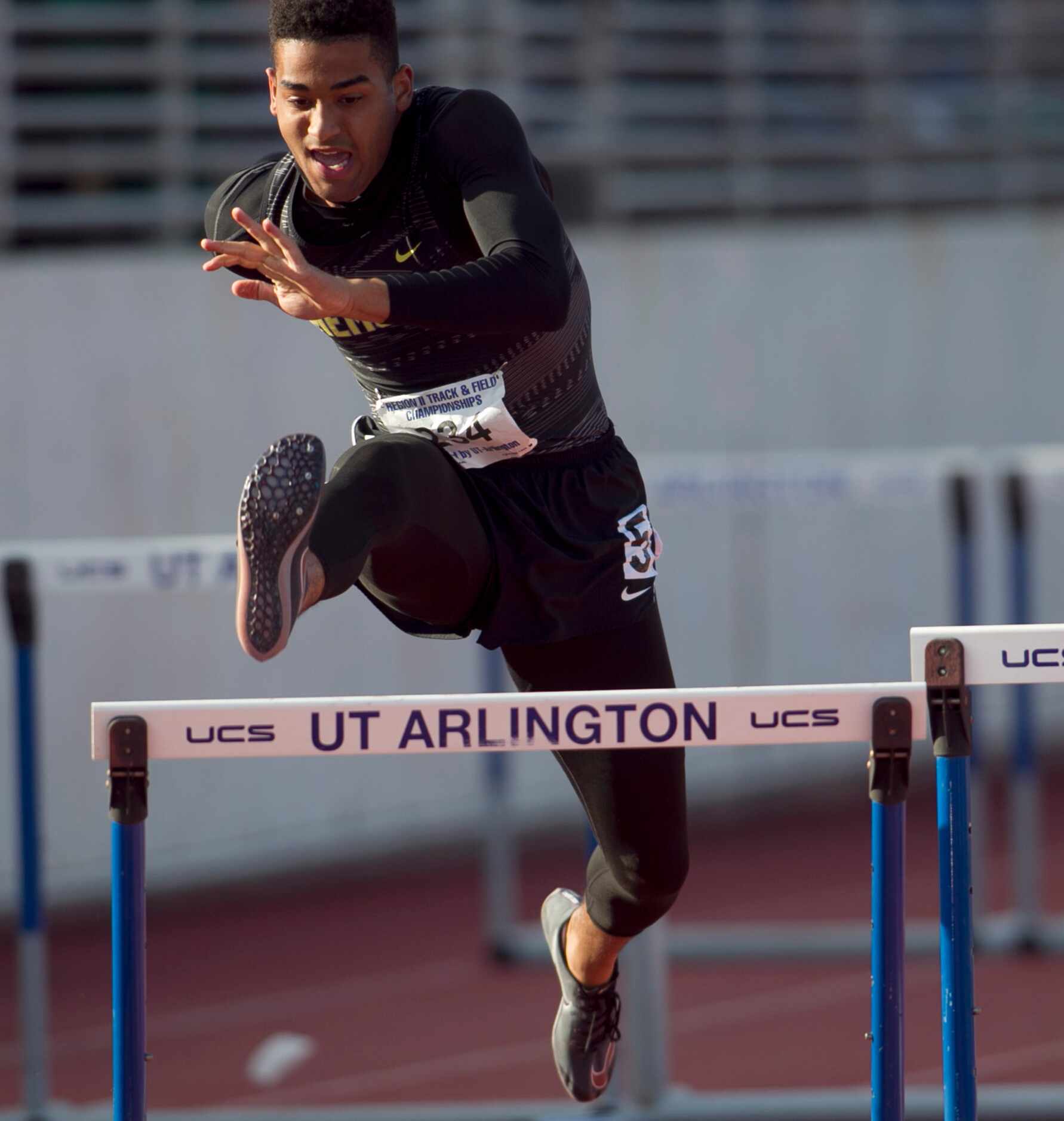 Frisco Memorial's Kennedy McDowell clears a hurdle in the Class 5A Boys 110 Meter Hurdles...