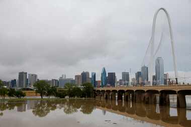 The Trinity River spreads from levee to levee near the Margaret Hunt Hill Bridge after...