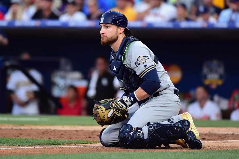 SAN DIEGO, CA - JULY 12:  Jonathan Lucroy #20 of the Milwaukee Brewers reacts during the...