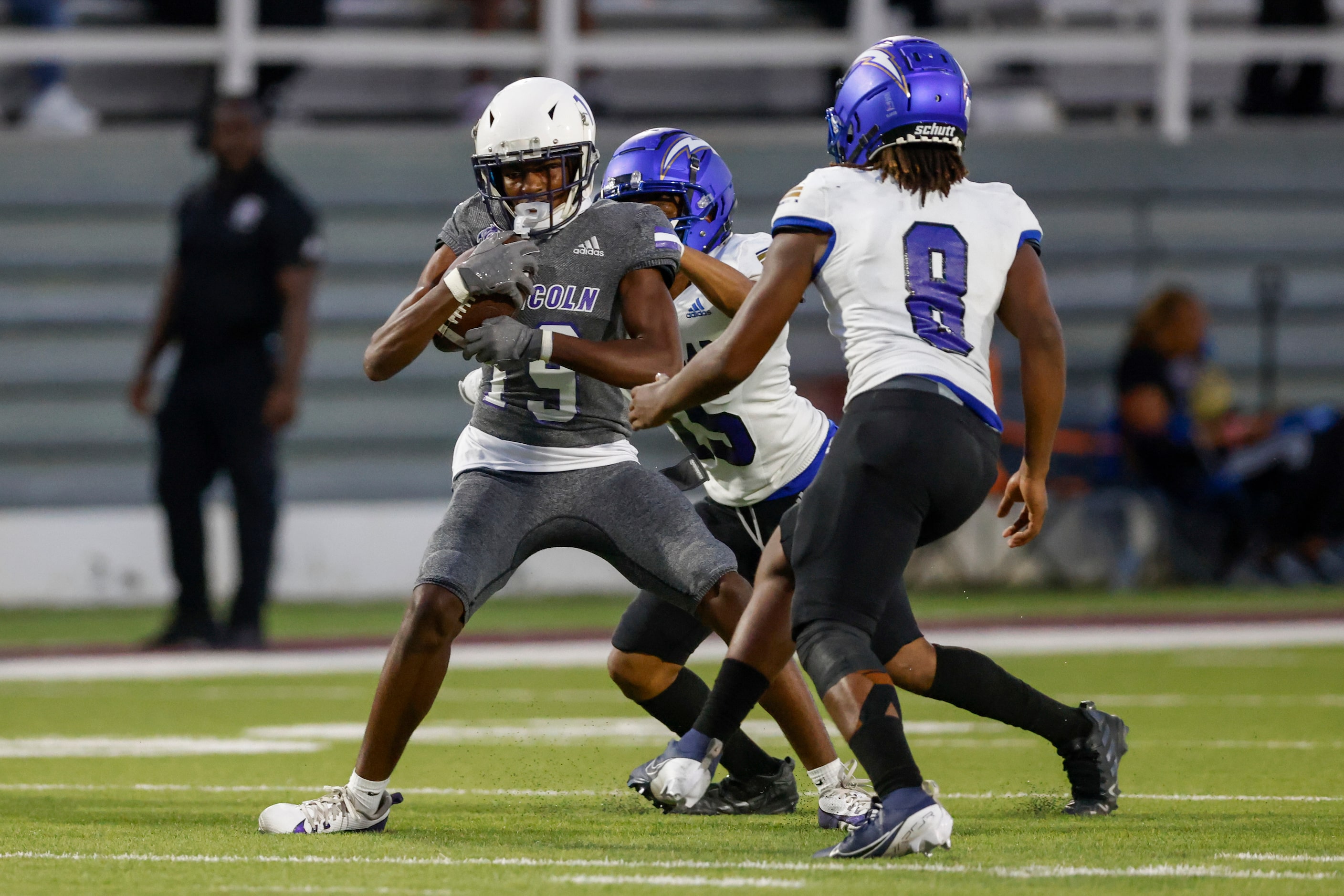 Conrad linebacker Raymond Udoh (15) tackles Lincoln wide receiver London Manning (19) during...