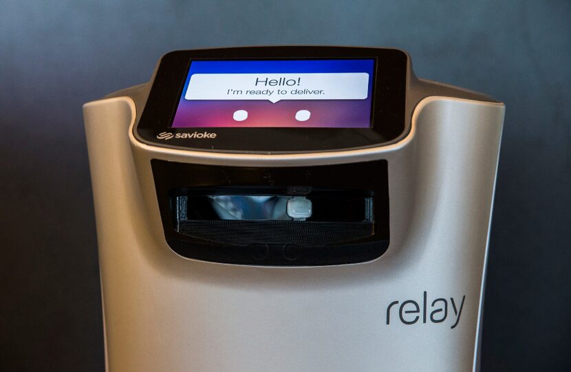 A Savioke Relay robot butler, nicknamed "botler," made to help with deliveries to guest...