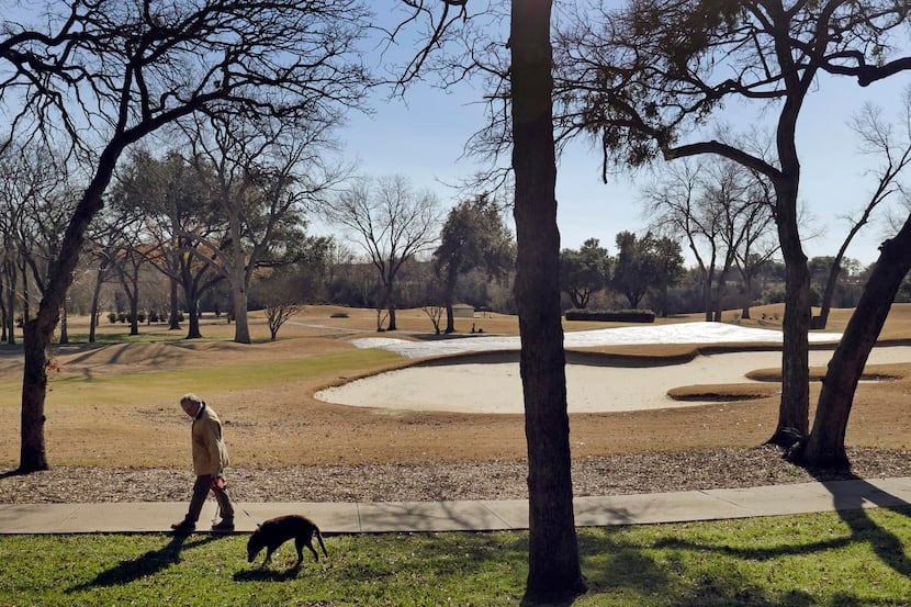 
Bryan Arnold walks Josie on the half-century-old Great Southwest Golf Club, which has been...