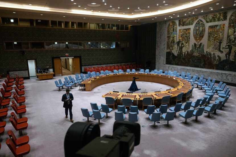 A general view shows an empty United Nations Security Council chamber before an emergency...