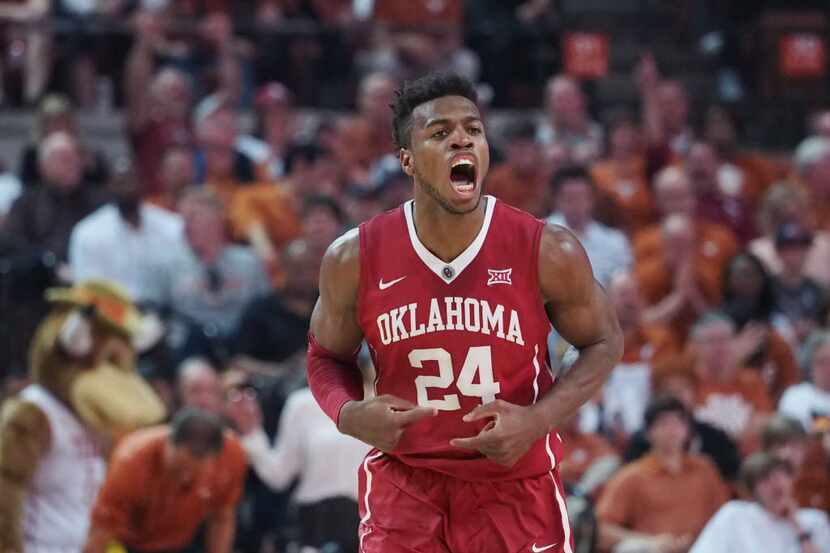 Feb 27, 2016; Austin, TX, USA; Oklahoma Sooners guard Buddy Hield (24) reacts from the court...