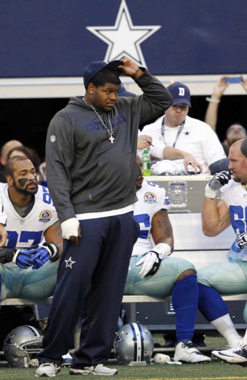 Dallas Cowboys Josh Brent on the sidelines before the start of a game against the Pittsburgh...