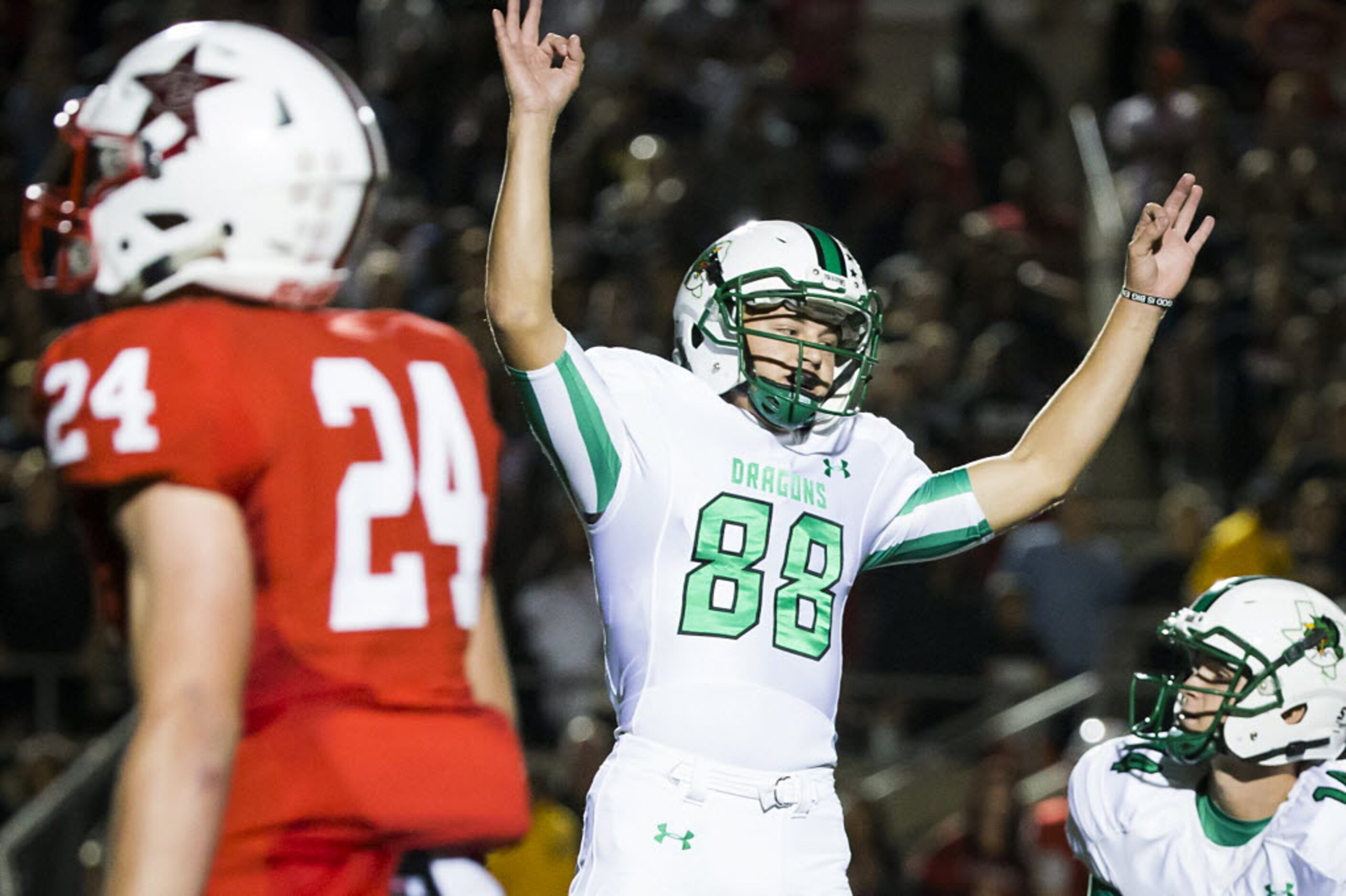 Southlake Carroll kicker Kole Ramage (88) celebrates after kicking a 28-yard field goal with...