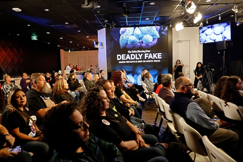 People attend a free community discussion about the fentanyl crisis in North Texas hosted by...