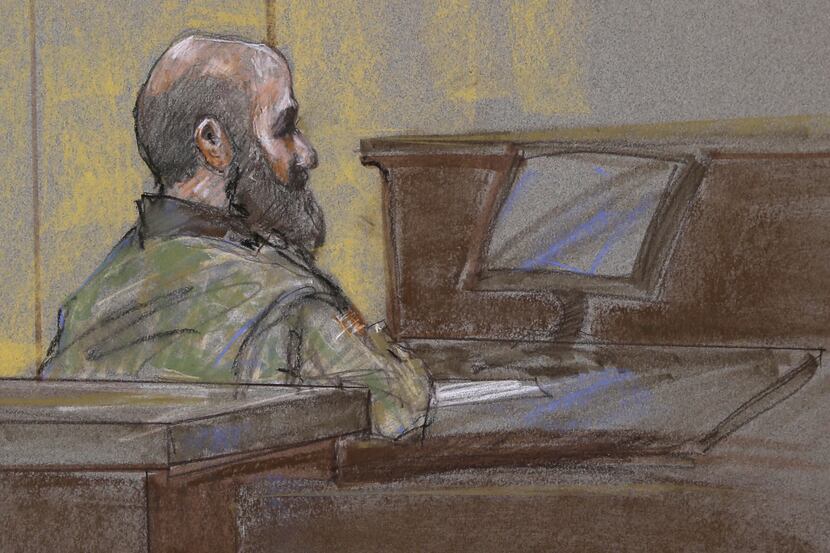 In this courtroom sketch, U.S. Army Maj. Nidal Malik Hasan is shown as the guilty verdict is...