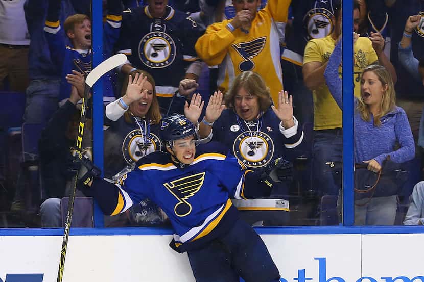 ST. LOUIS, MO - OCTOBER 8: Robby Fabbri #15 of the St. Louis Blues celebrates after scoring...