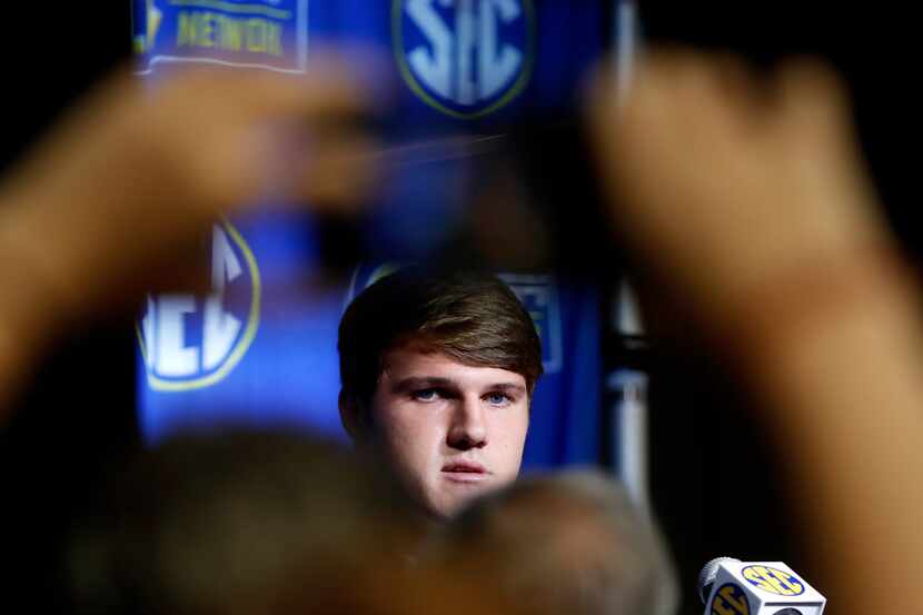 Mississippi State NCAA college football quarterback Nick Fitzgerald speaks during...