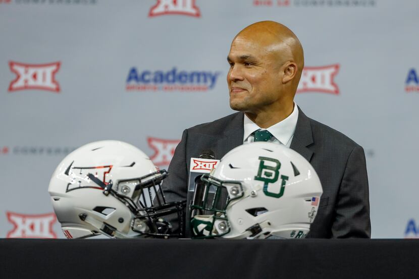 Baylor head football coach Dave Aranda smiles during the Big 12 Conference Media Days at...