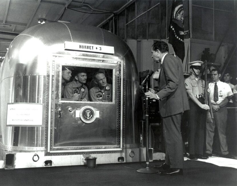 Apollo 11 astronauts Neil Armstrong (from left), Michael Collins and Buzz Aldrin Jr., inside...