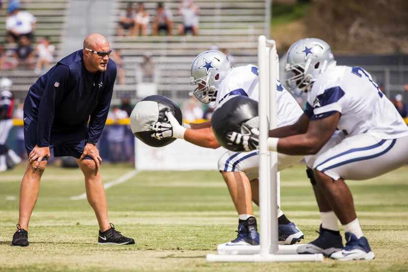 FILE - Dallas Cowboys offensive assistant coach Marc Colombo directs offensive linemen in a...