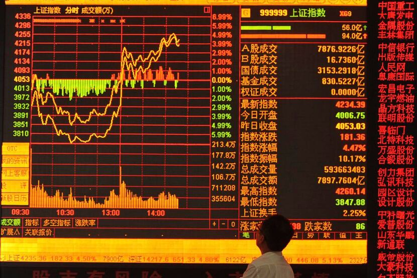 
A stock investor watches a screen tracking market results at a brokerage in central China’s...