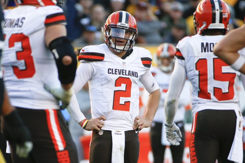 FILE - In this Nov. 15, 2015, file photo, Cleveland Browns quarterback Johnny Manziel (2)...
