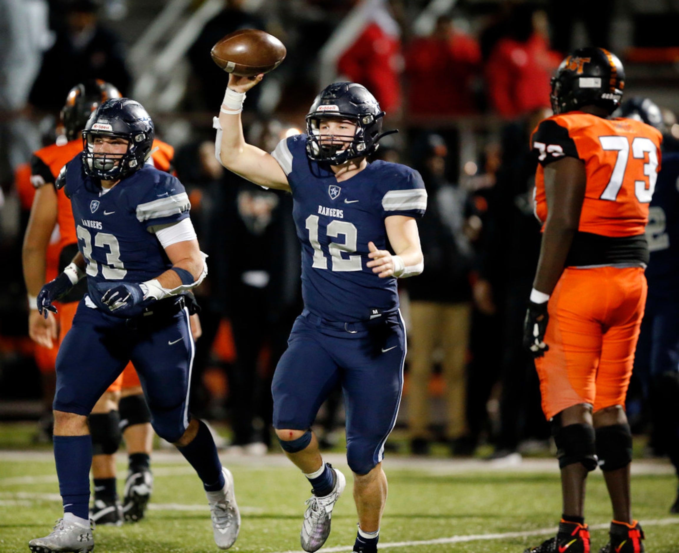 Frisco Lone Star linebacker Blake Gotcher (12) celebrates his fourth quarter interception by...