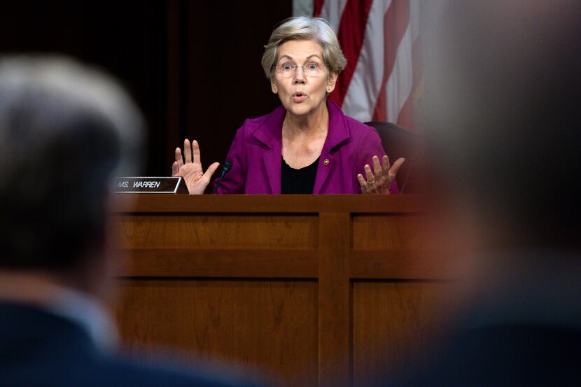 Sen. Elizabeth Warren, D-Mass., questions the witnesses about Zelle, at a Senate Banking...