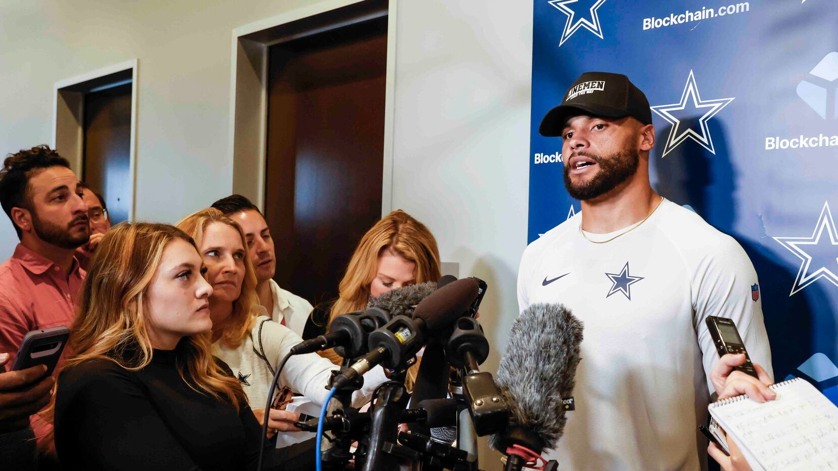 Dallas Cowboys quarterback Dak Prescott speaks during a press conference ahead of their game...