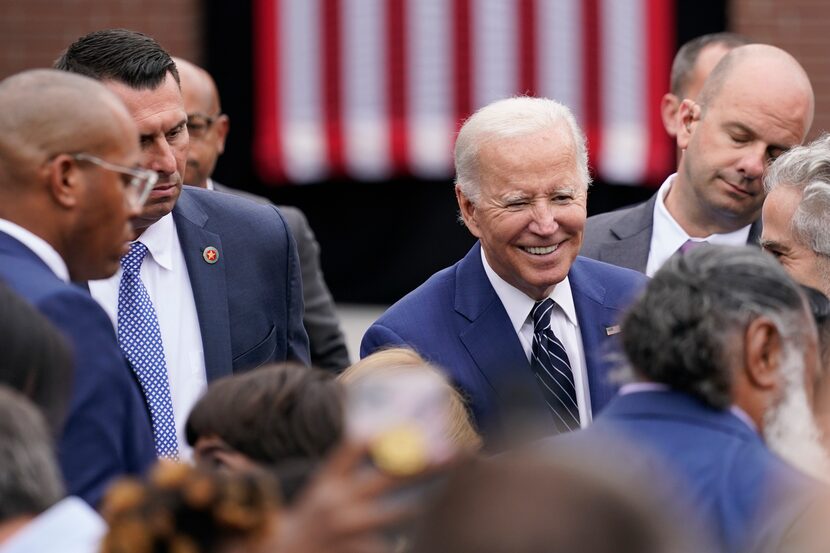 President Joe Biden campaigns Oct. 14, 2022, at Irvine Valley Community College, in Irvine,...