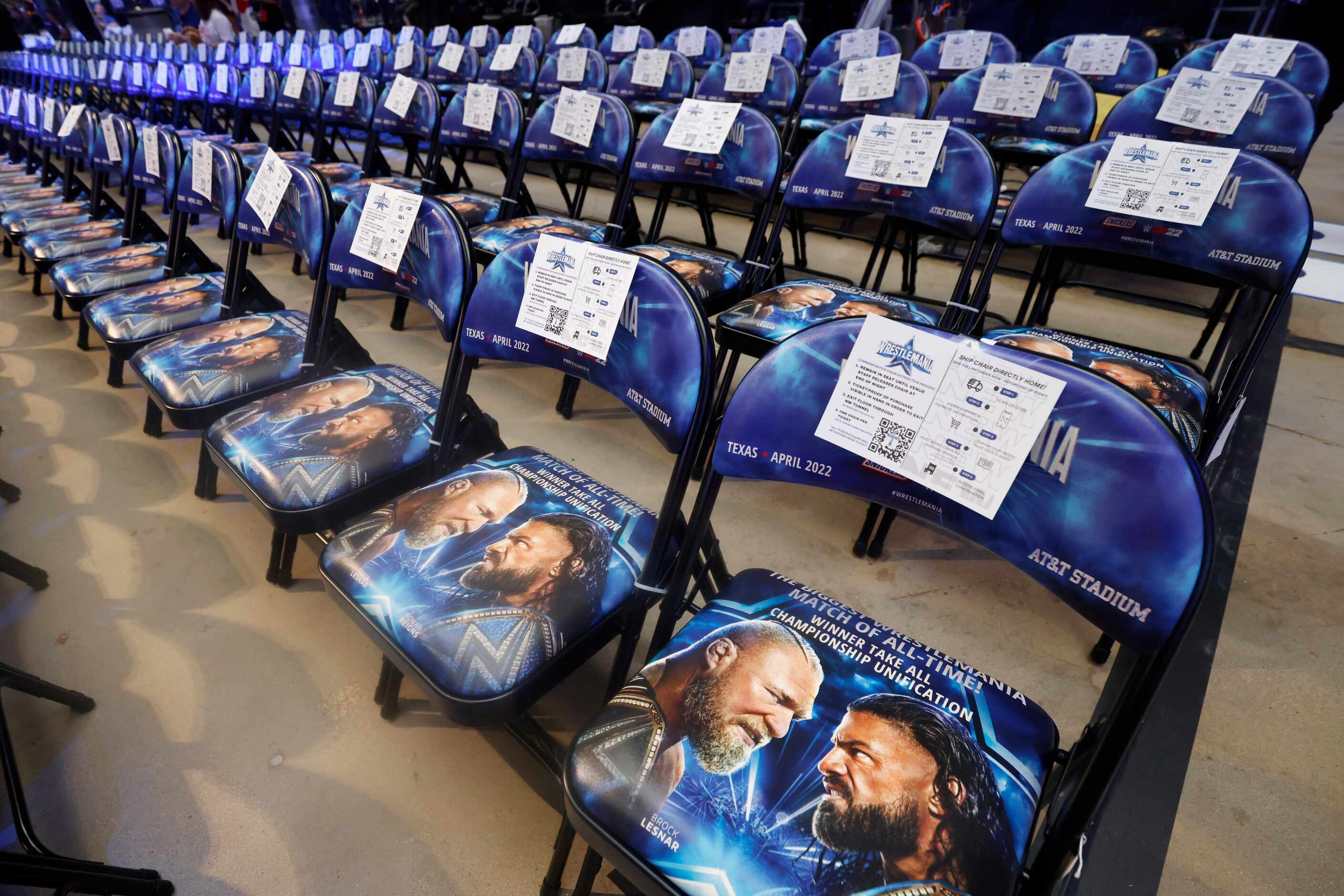 Chairs for premium floor during WrestleMania in Arlington, Texas on Sunday, April 3, 2022. 