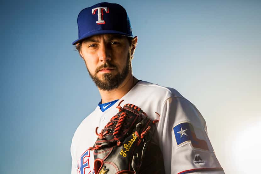 Texas Rangers pitcher Tony Barnette poses for a photo during Spring Training picture day at...