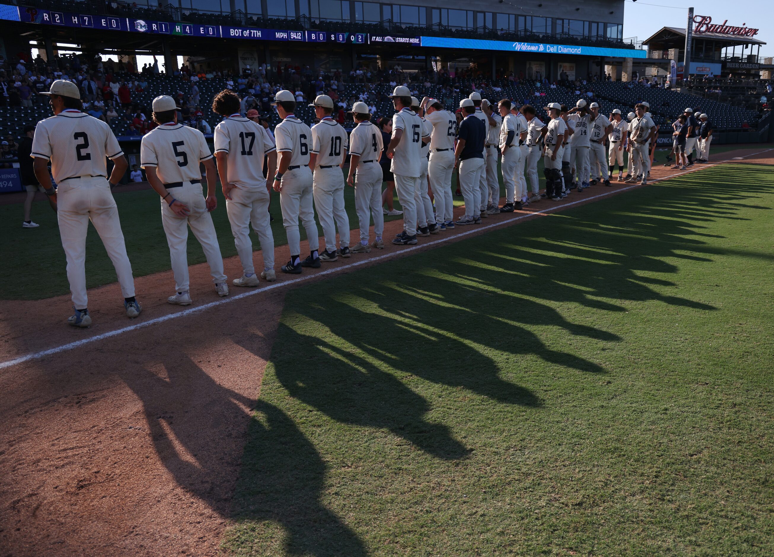 Flower Mound players line up for their runner-up medals following their season ending 2-1...