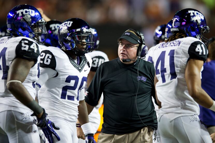 AUSTIN, TX - NOVEMBER 22:  Head coach Gary Patterson of the TCU Horned Frogs has words with...