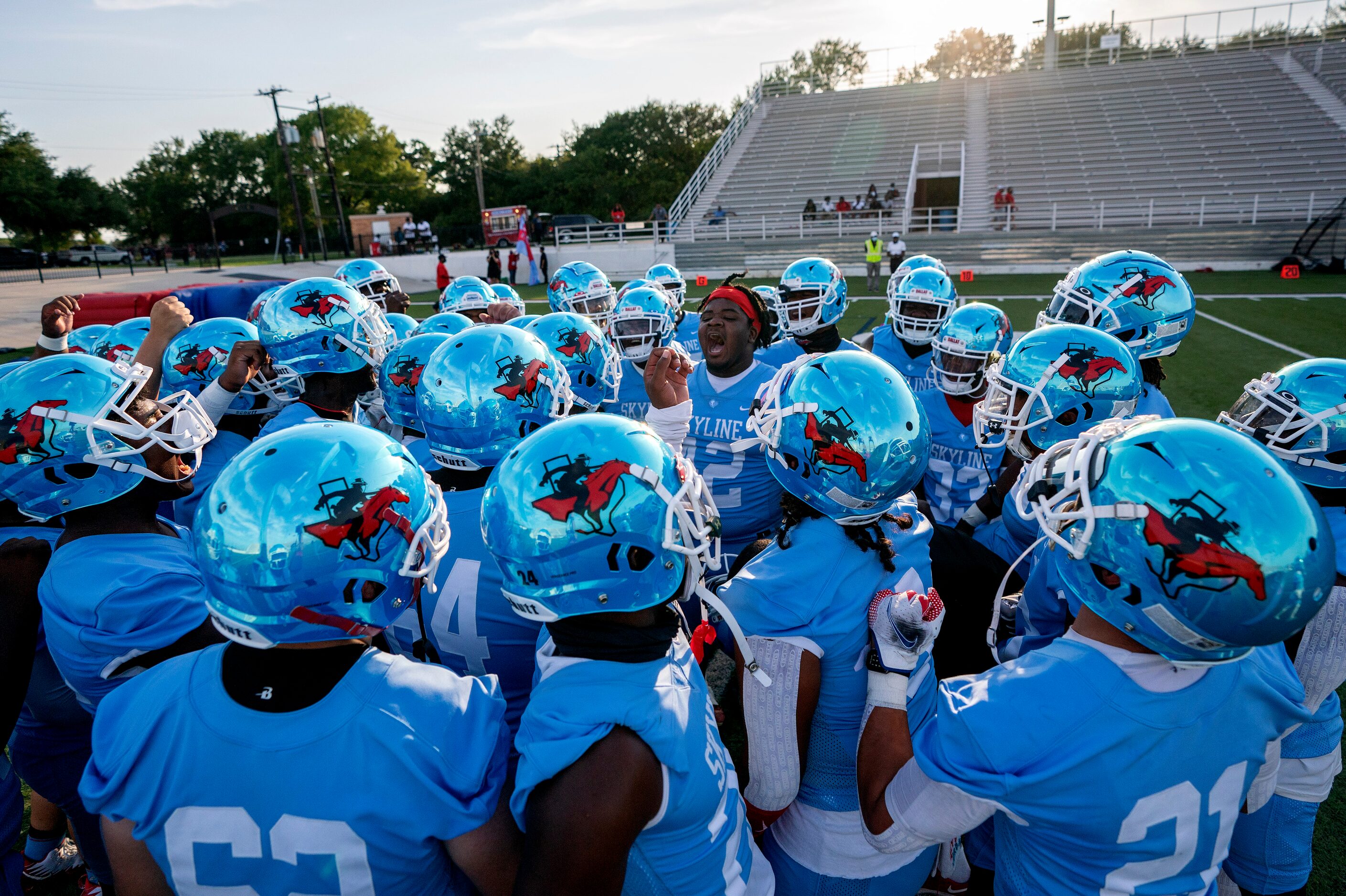 Skyline gets hyped before a high school football game against Lancaster on Friday, Sept. 3,...