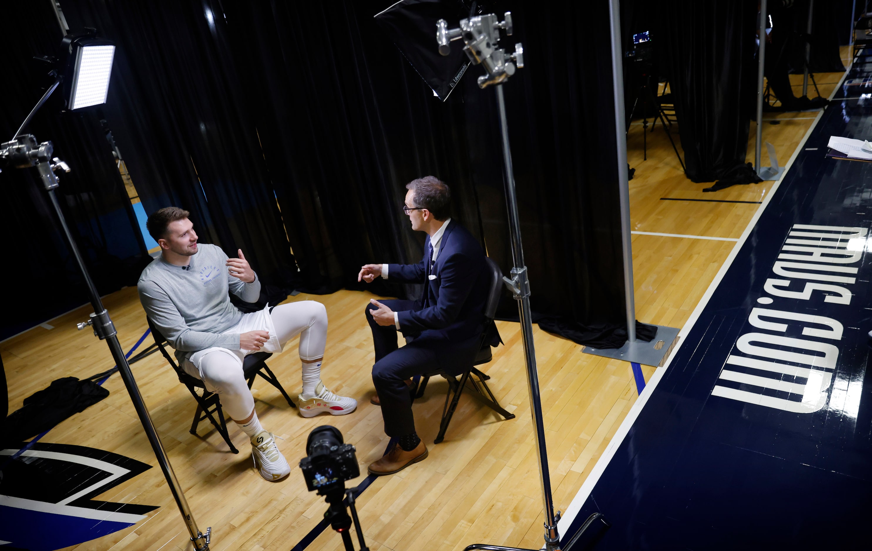 Dallas Mavericks guard Luka Doncic sits down for an interview with NBC 5 sports anchor Pat...