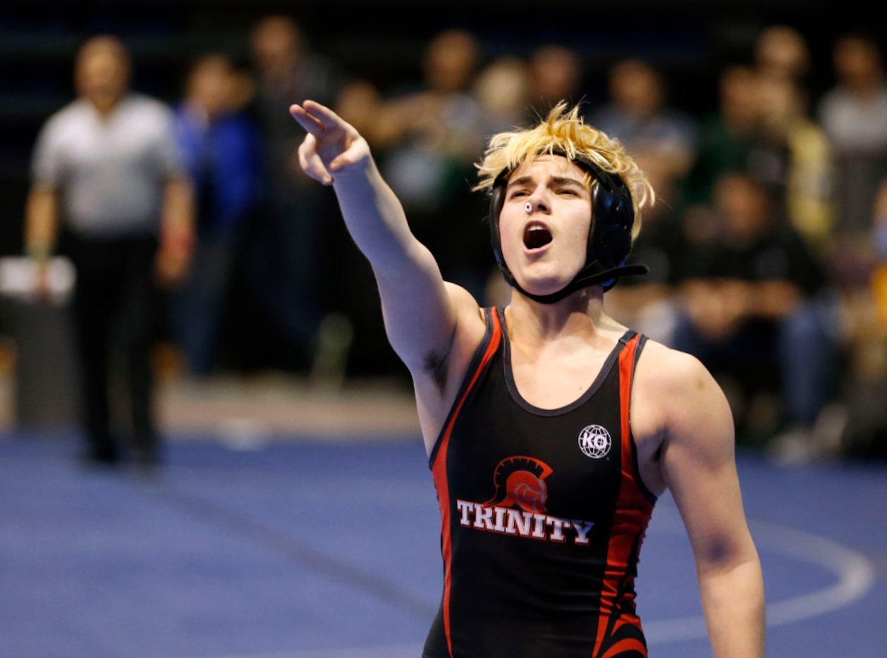 Euless Trinity's Mack Beggs points towards the Trinity fans after defeating Tascosa's Mya...