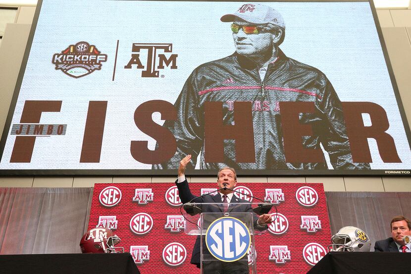 Texas A&M head coach Jimbo Fisher holds his SEC Media Days news conference at the College...