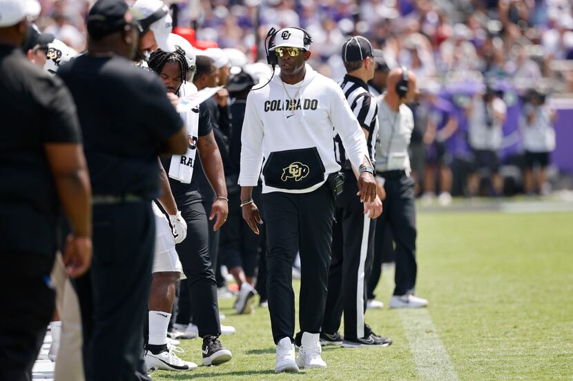 Colorado head coach Deion Sanders is seen during the second half of an NCAA college football...