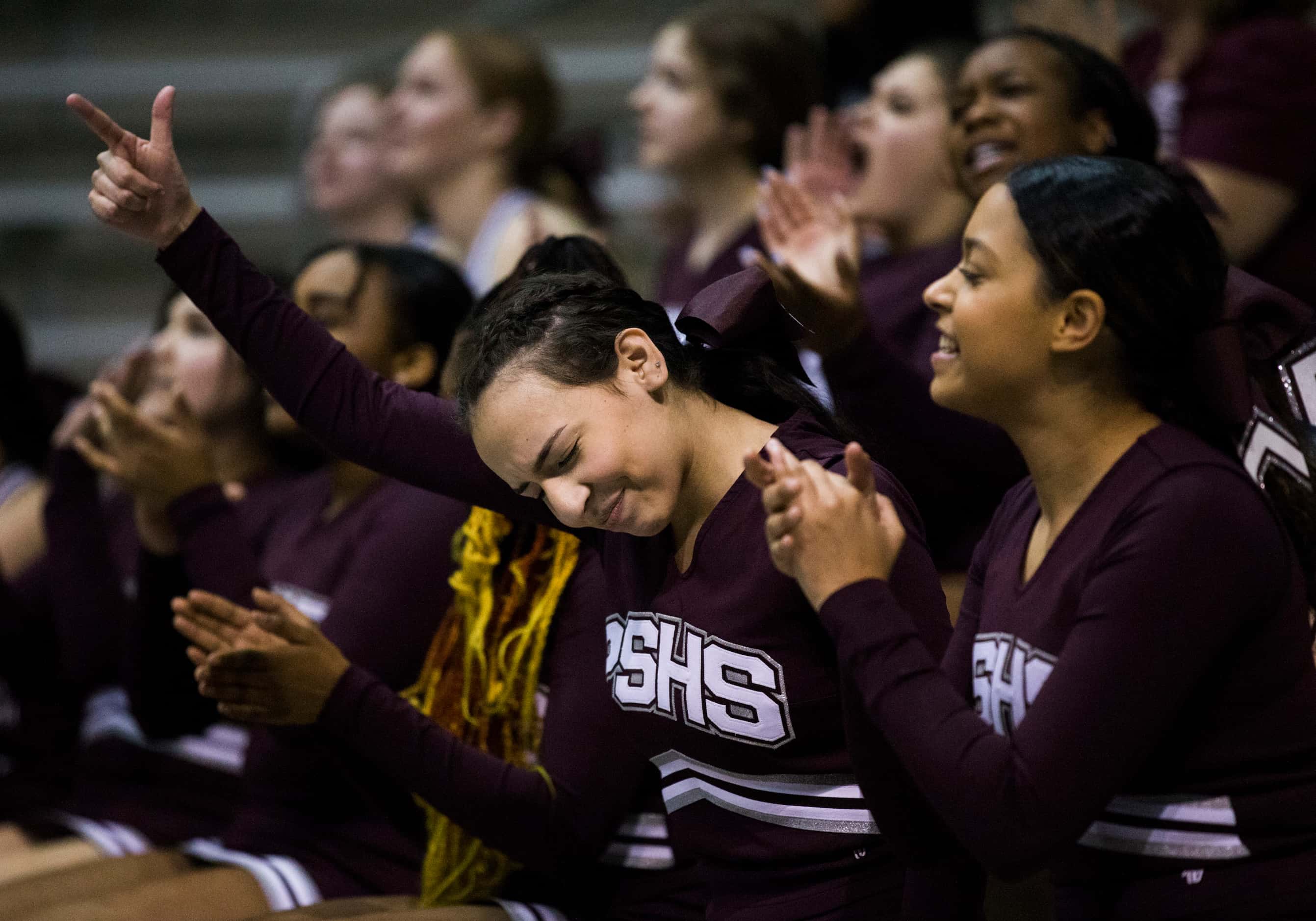 Plano cheerleaders cheer after a point during the fourth quarter of a UIL 6A Region II...