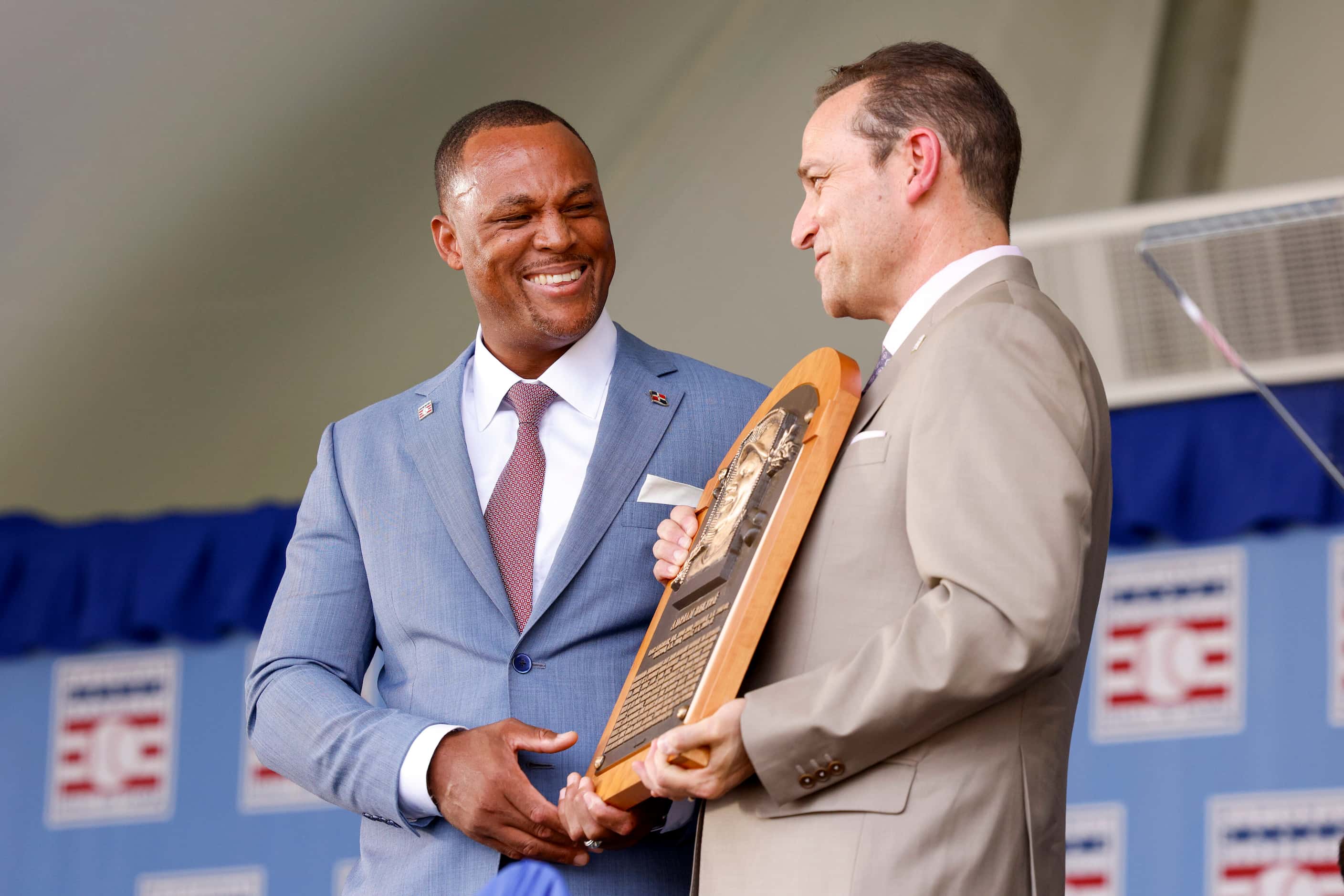 Former Texas Rangers third baseman Adrián Beltré is presented with his National Baseball...