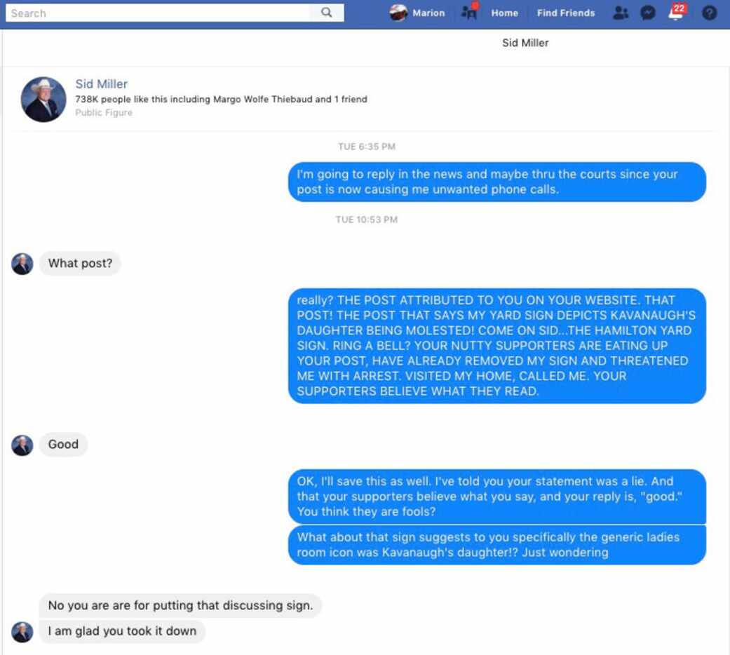 Screenshots of a Facebook conversation between Marion Stanford and Agriculture Commissioner...