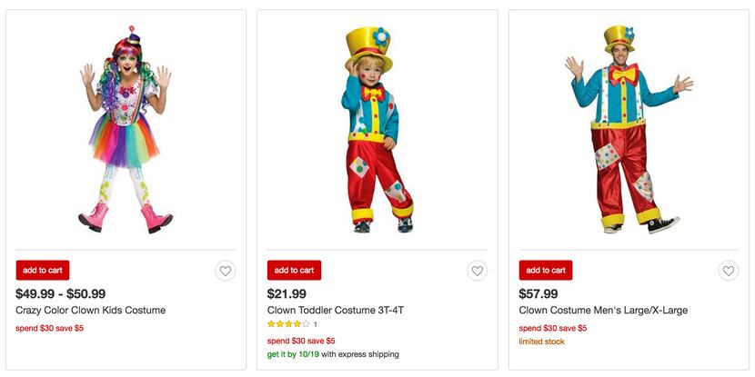 Target's website includes a number of tamer clown costumes, including wigs, but no masks...