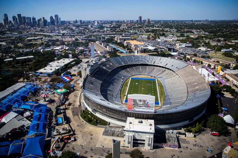 The Cotton Bowl and the Dallas skyline, as seen from the Top of Texas Tower at The State...