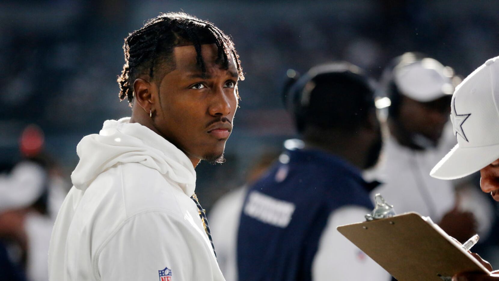 Dallas Cowboys Taco Charlton is pictured on the sidelines during the New York Giants game at...