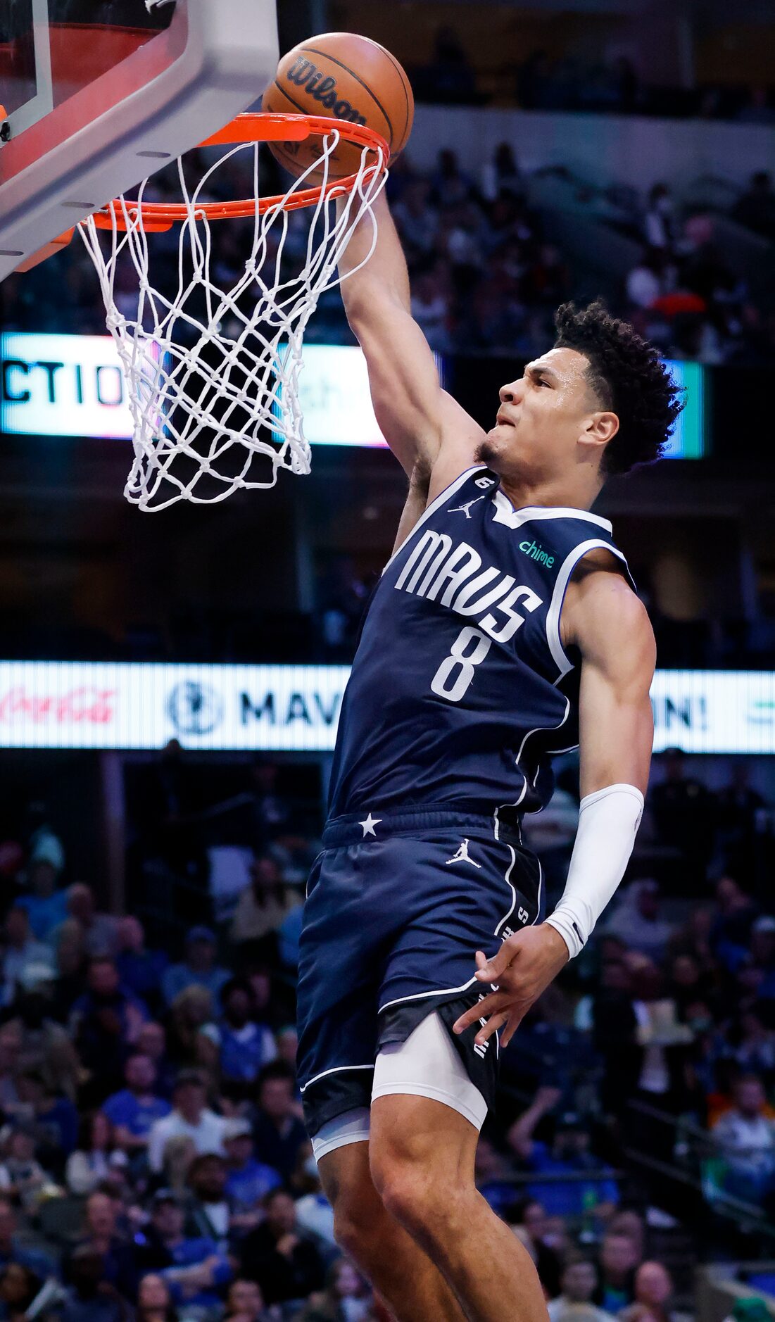 Dallas Mavericks guard Josh Green (8) breaks away for a second quarter dunk against the...