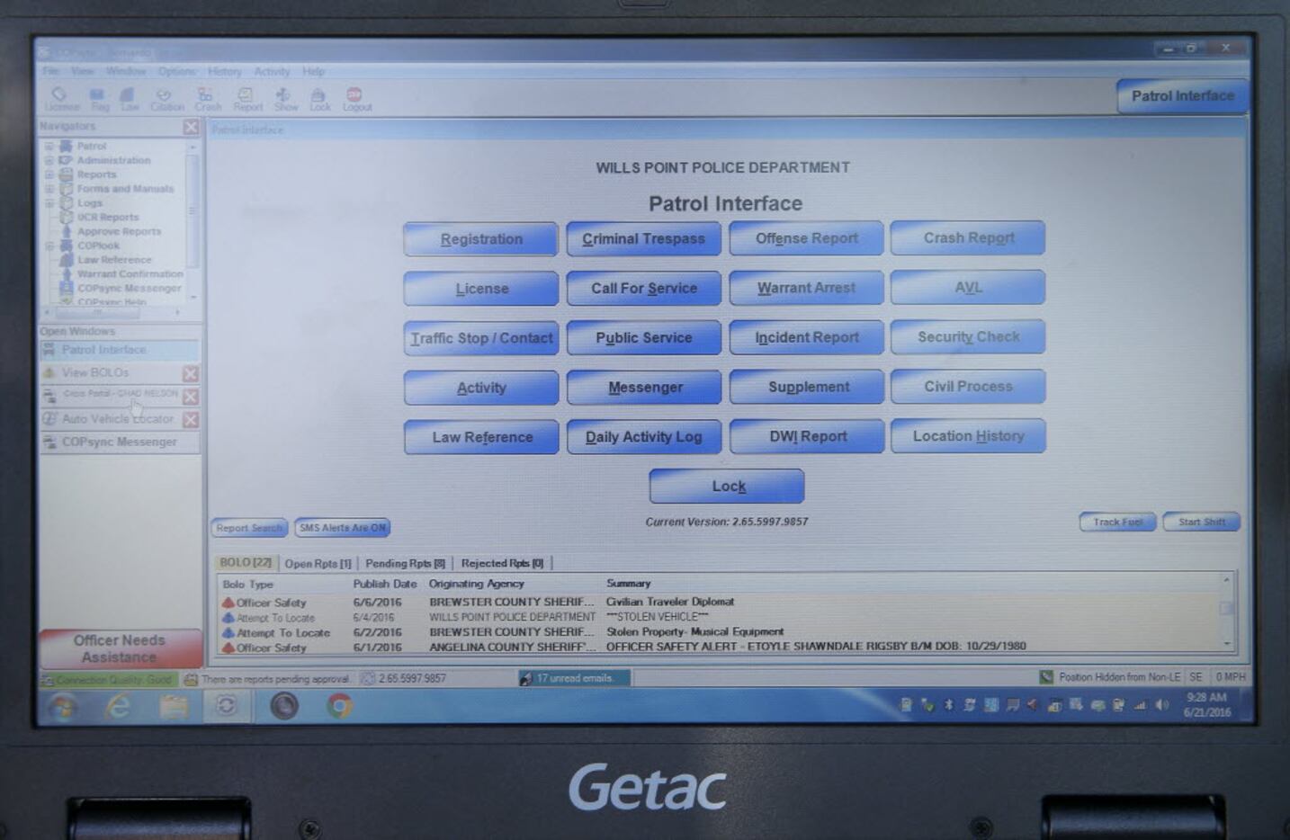 This is the main screen window of system using COPsync software, as seen from inside a...