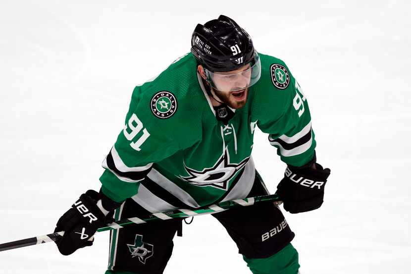 Dallas Stars center Tyler Seguin (91) reacts after the Stars gave up a goal to the Colorado...
